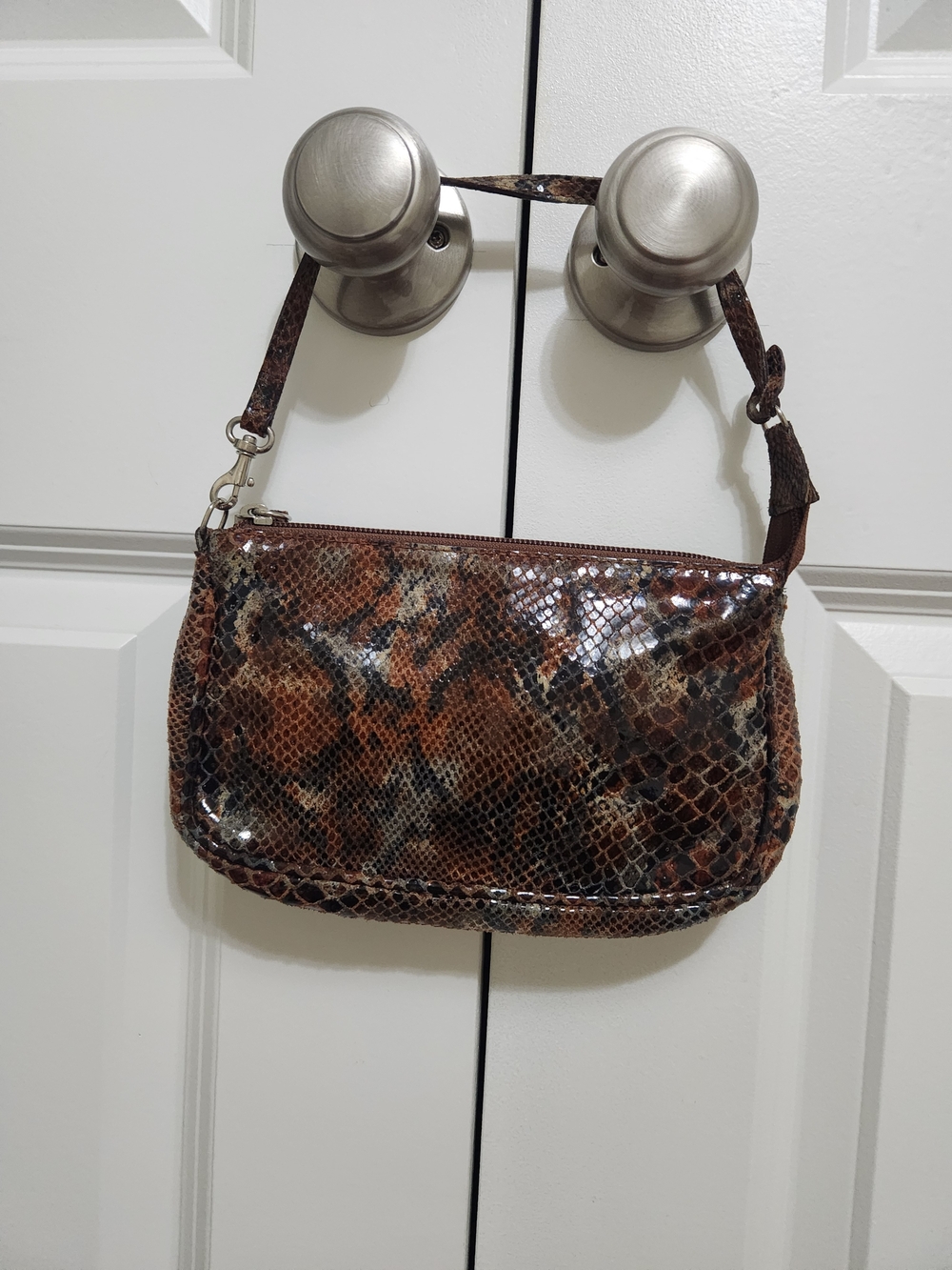 Glossy Brown  Leather Snakeskin-Print Mini Shoulder Bag / Baguette